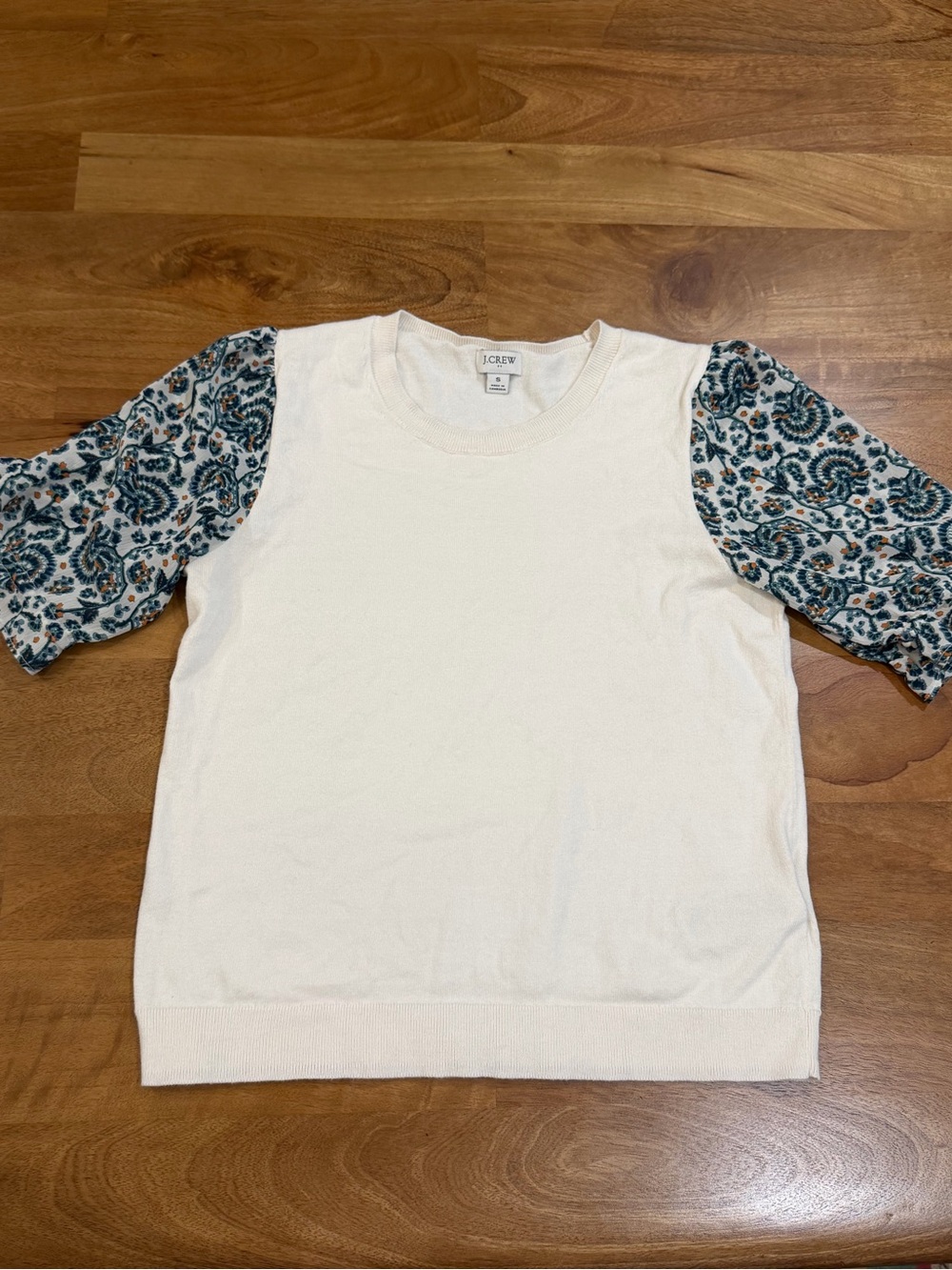 J. Crew Cream Knit Top with Blue Floral Paisley Sheer Sleeves Size Small